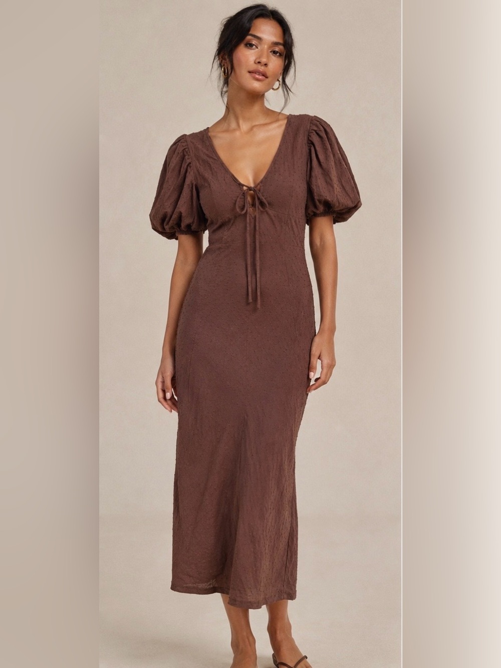 ASOS DESIGN Brown Swiss Dot Puff Sleeve Tie Front Midi Dress US 4